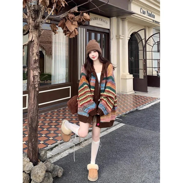 Womens Coat Spring Autumn Retro Striped Contrasting Loose Casual Knitted Cardigan Versatile Daily Fashion Sweet Temperament Wear