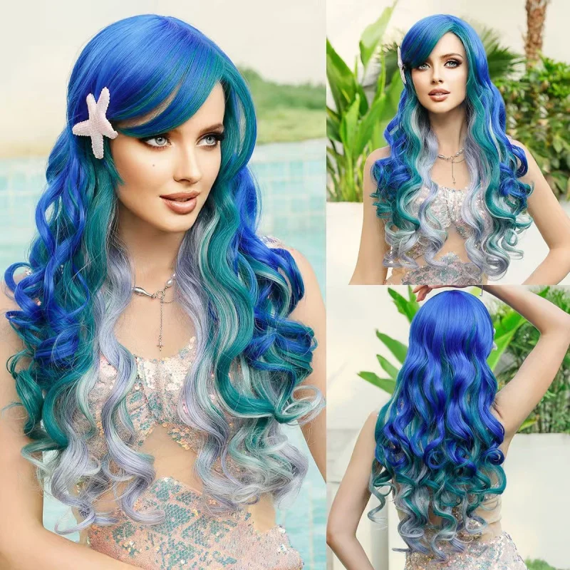 

European and American 80CM multi-color cosplay anime wig Harajuku style colorful long curly hair full headpiece for women