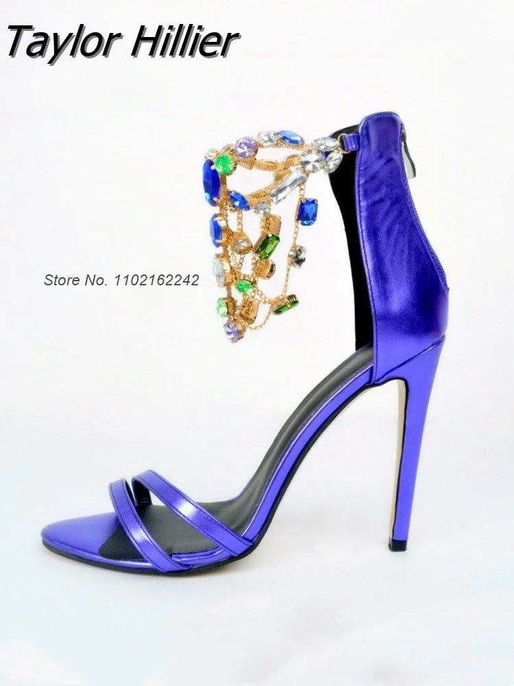 New Stiletto Crystal High Heel Sandals Sexy Rhinestone Blue Dance Shoes Open Toe Buckle Strap Designer High Heel Women'S Shoes