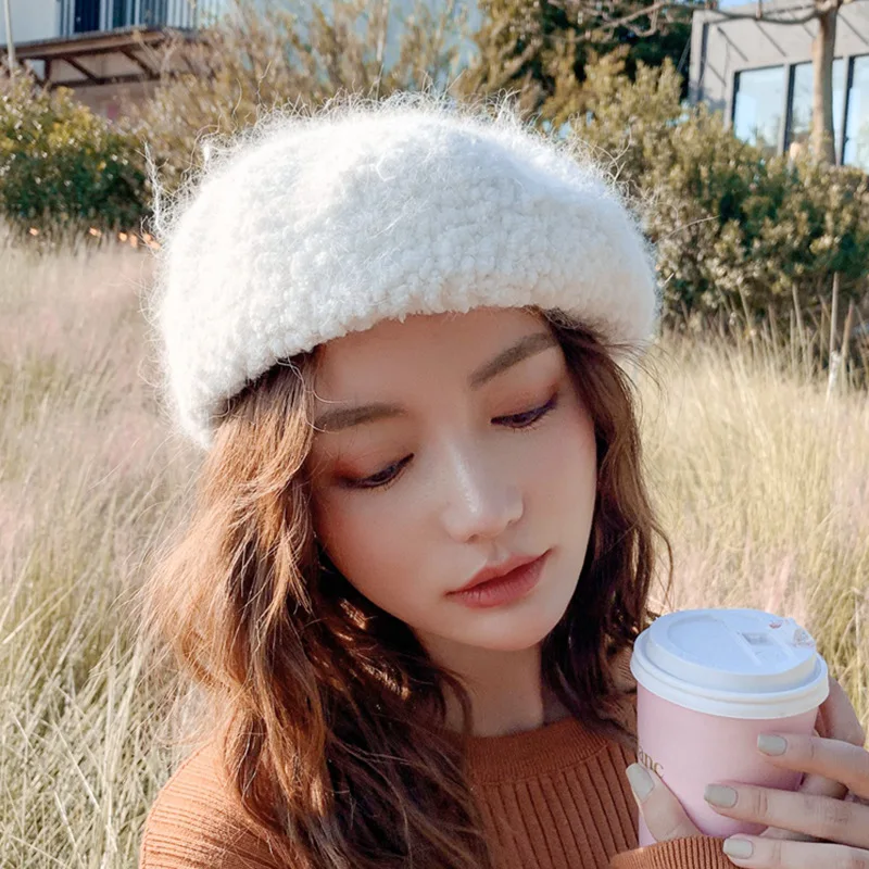 

Rabbit Fur Beret Women Autumn Winter Hat Korean Style Painter Cap Vintage Plush Beanies Casual Keep Warm French Berets Woman New