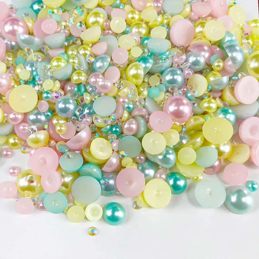 1100 Stück Perlen und Strass steine mit flachem Rücken, 30g gemischte Größe 3mm-10mm ab Farbe Harz Strass halbkreis förmige Perle – Detail 11
