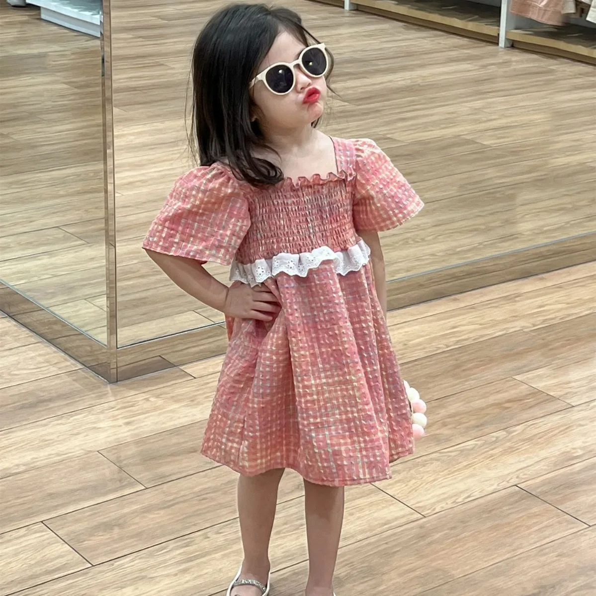 Girl Dress 2024 Summer Korean Style Children Clothing New Girls Sweet Bubble Lace Pull Pleated Princess Short-sleeved Dress