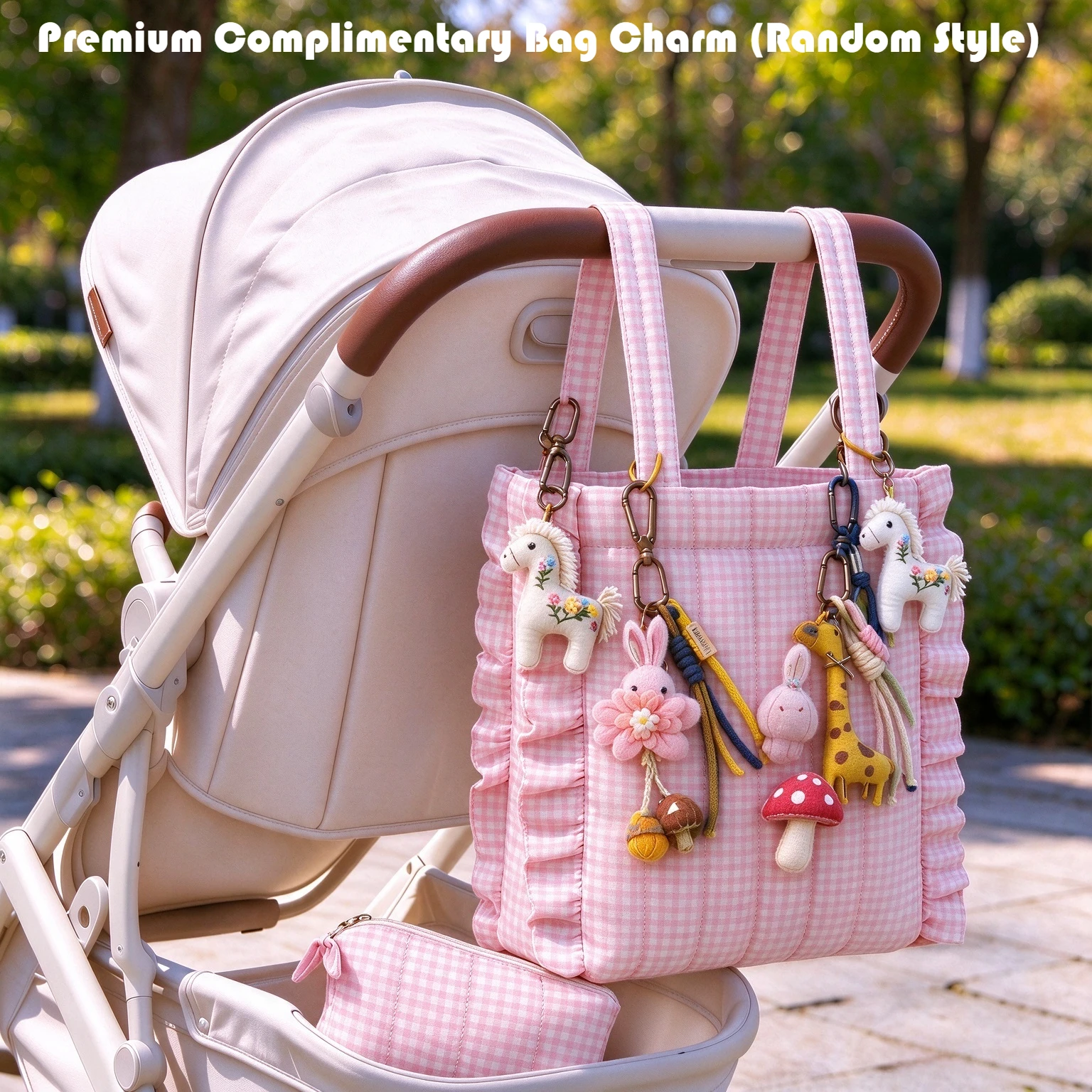 Ruffle Plaid 2Pcs Baby Stroller Diaper Tote Mommy Handbag, Pram Storage Bag with Small Pouch & Bonus Random Bag Charm Included