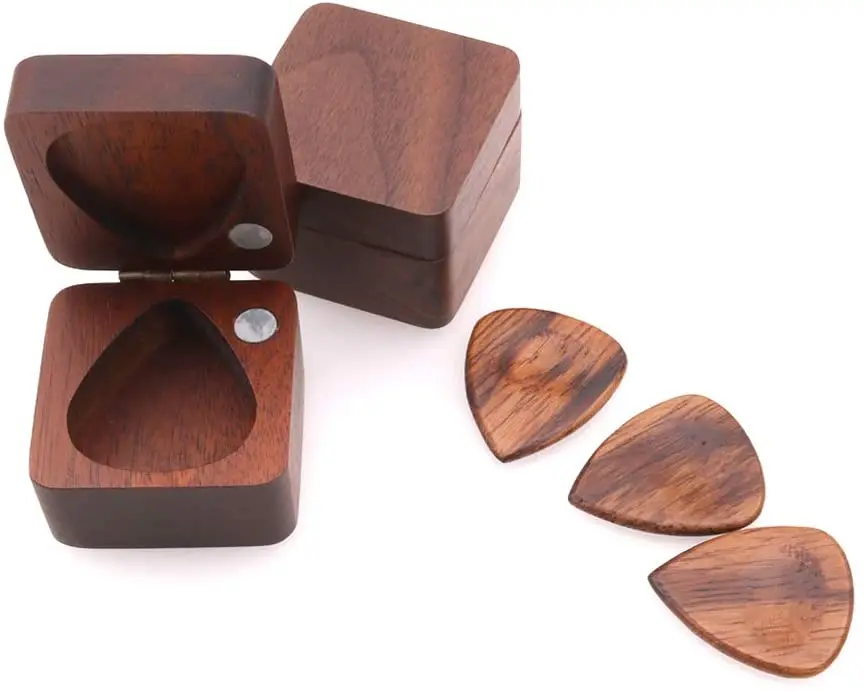 

Solid Wood Guitar Pick Box Black Walnut Case Holder Organizer for Guitarist Musician Gift 3 picks