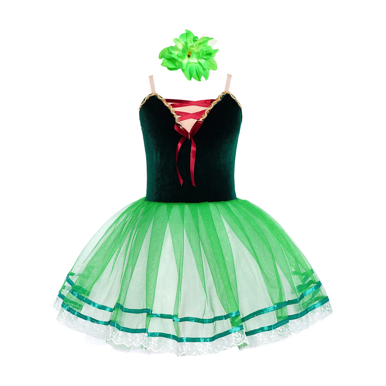 

Kids Girls Ballet Dance Dress Sleeveless Adjustable Straps Lace Trim Layered Tulle Tutu Dress+Headwear for Performance Costume