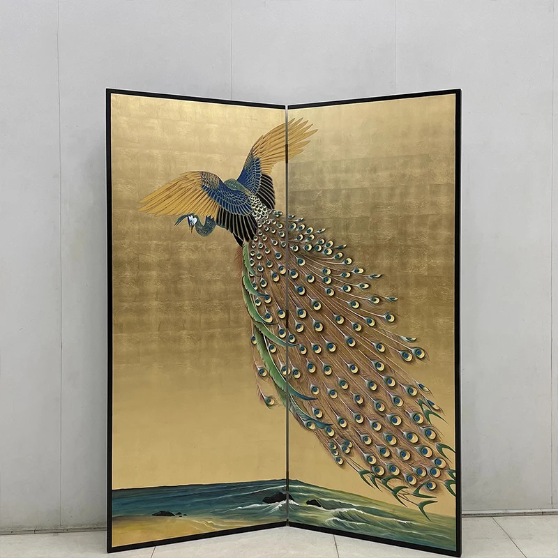 Hand Drawn Gold foil Lacquer Painting Folding Screen, Movable Living Room, Foyer, Tea Room