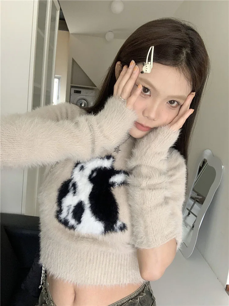 Spring Autumn for Women Korean Style Retro Rabbit Warm Soft Cashmere Sweater Removable Sleeves Slim Knit Pullover Tops