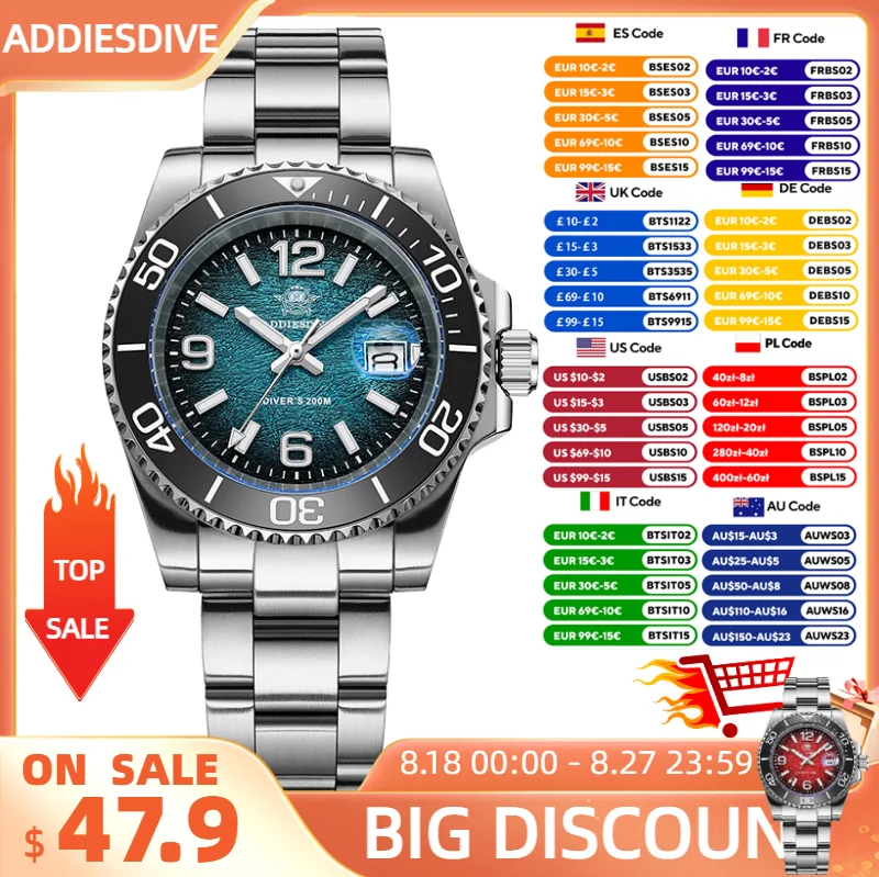 ADDIESDIVE 2025 Новые мужские часы для дайвинга 41 мм кварцевые наручные часы 200 м водонепроницаемые керамические безели супер светящиеся часы для плавания ADDIESDIVE 2025 Новые мужские часы для дайвинга 41 мм кварцевые наручные часы 200 м водонепроницаемые керамические безели супер светящиеся часы для плавания