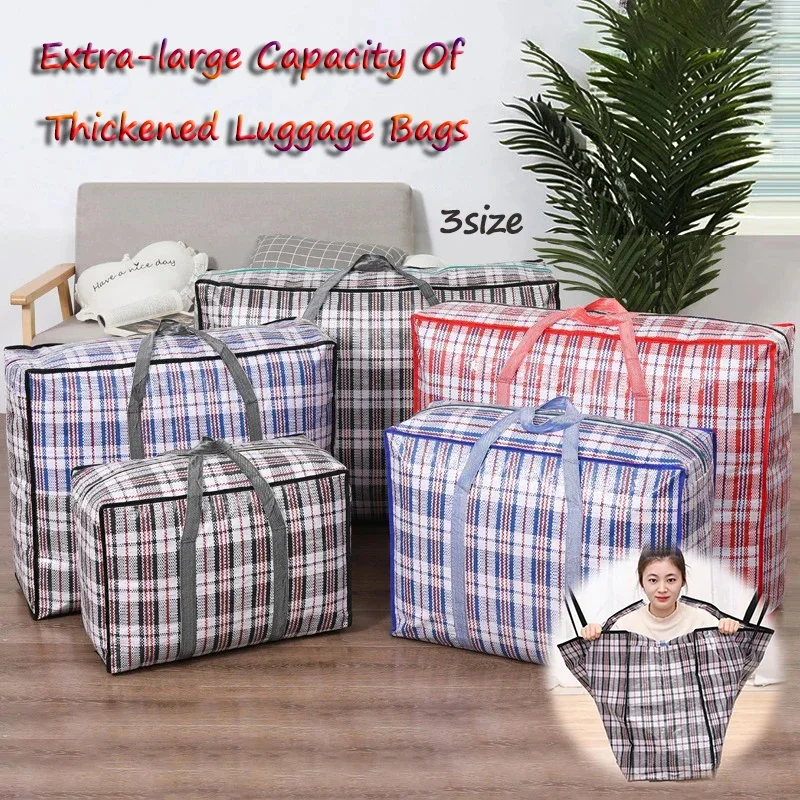 Stripe Woven Bag Large Capacity Storage Moving Bags Clothes Quilt Blanket Luggage Packing Package Zipper Tote Home Organizer