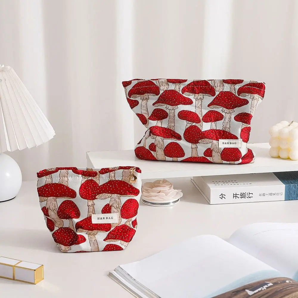 Artistic Canvas Makeup Bag Red Mushroom Printing M/L Size Coin Key Purse Washing Storage Bag Gift view 2
