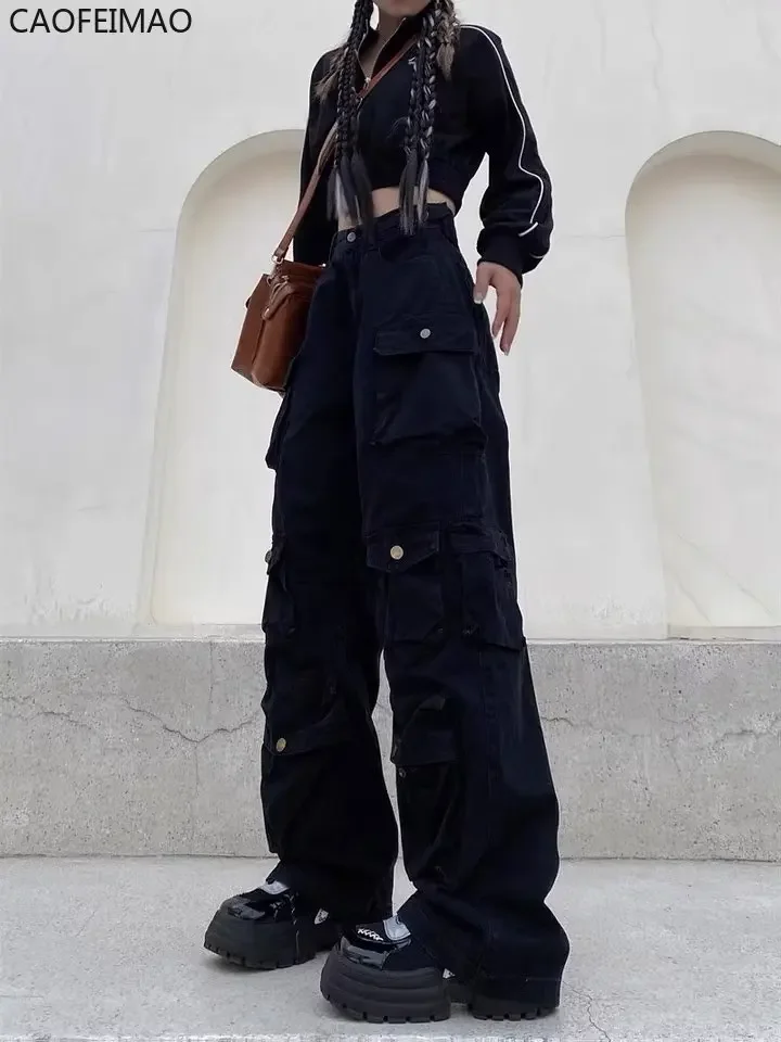 Cargo Pants Multi-Pocket Overalls Harajuku Men's Retro Loose Wide-Leg Pants Street Casual Hip-Hop Straight High Waist Mop Pants