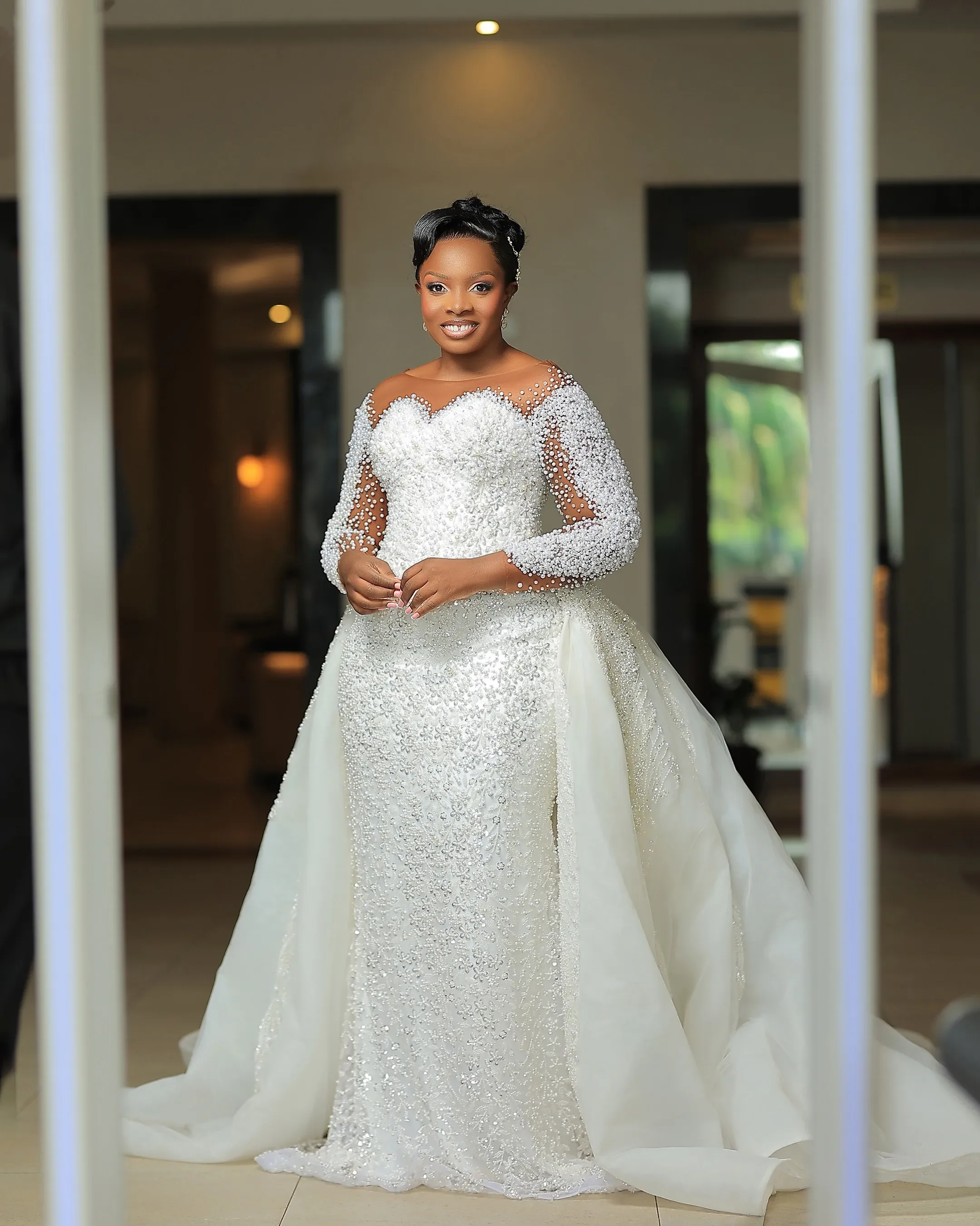 Customized Sheer Neck Sparkly Heavy Pearls Beads Vestido Noiva Wedding Dress with Removable Skirt Long Sleeves  Bridal Gowns