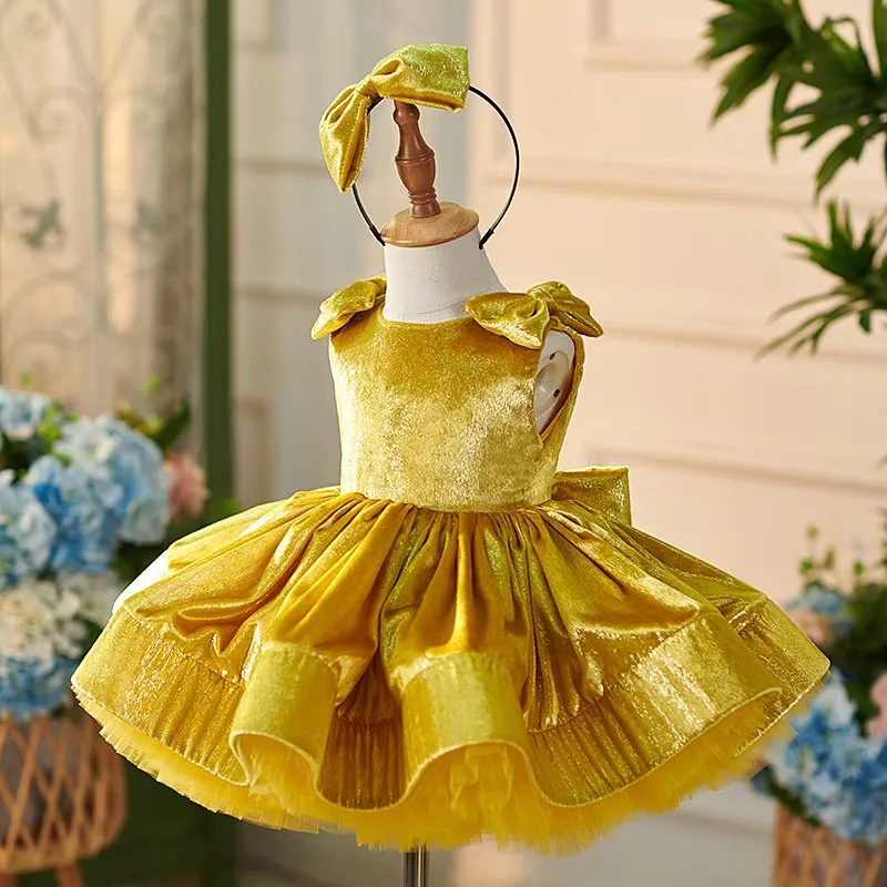 Jill desejo bonito ouro crianças vestido da menina de flor com arco na altura do joelho princesa bebê casamento festa aniversário vestido do feriado j306