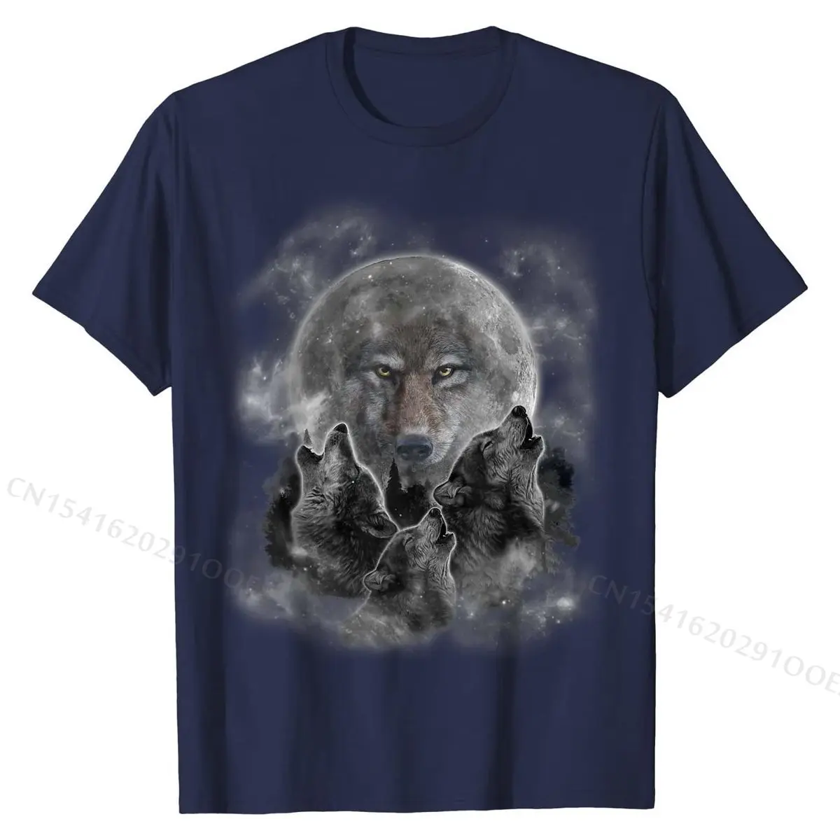 T-Shirt, Three Wolves Howling, Full Moon w Wolf Silhouette Oversized Mens T Shirts Cotton Tops & Tees Street