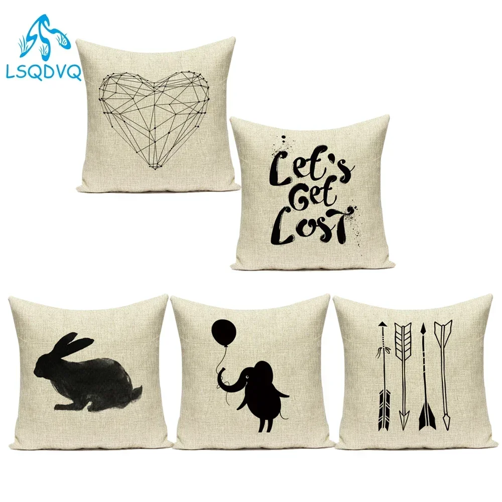 Cotton Linen  Animal Rabbit Elephant Geometric Black White Decorative Pillows Sofa Home Cushion Cover for Living Room