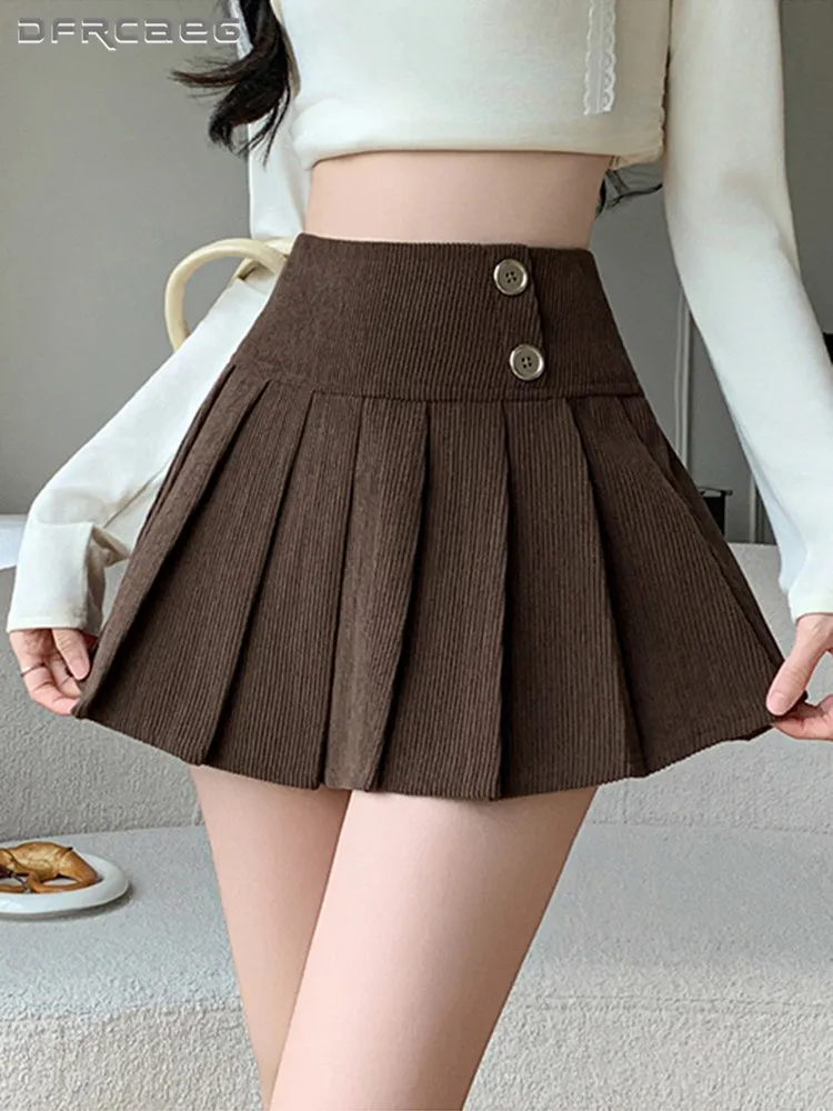 

College Style Corduroy Hot Girl Pleated Skirt Woman Autumn Winter Casual Retro Short Skirts With Buttton Coffee