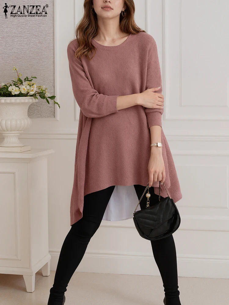 

ZANZEA 2025 Autumn Tops T-shirts Women Long Sleeve Knitting Tees Solid Color Blusas Casual Loose Irregular Hem Knitted Tunics
