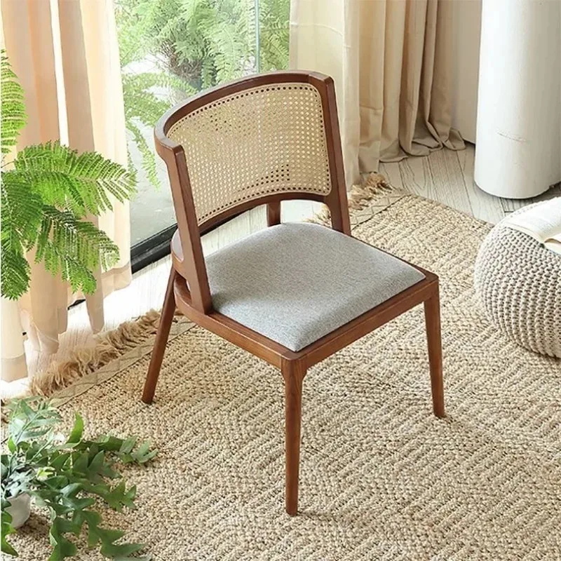 Solid Wood Dining Chairs Rattan Soft Bag Back Chair Creative Retro Art Chair for Dining Table Hotel Restaurant Leisure Chairs