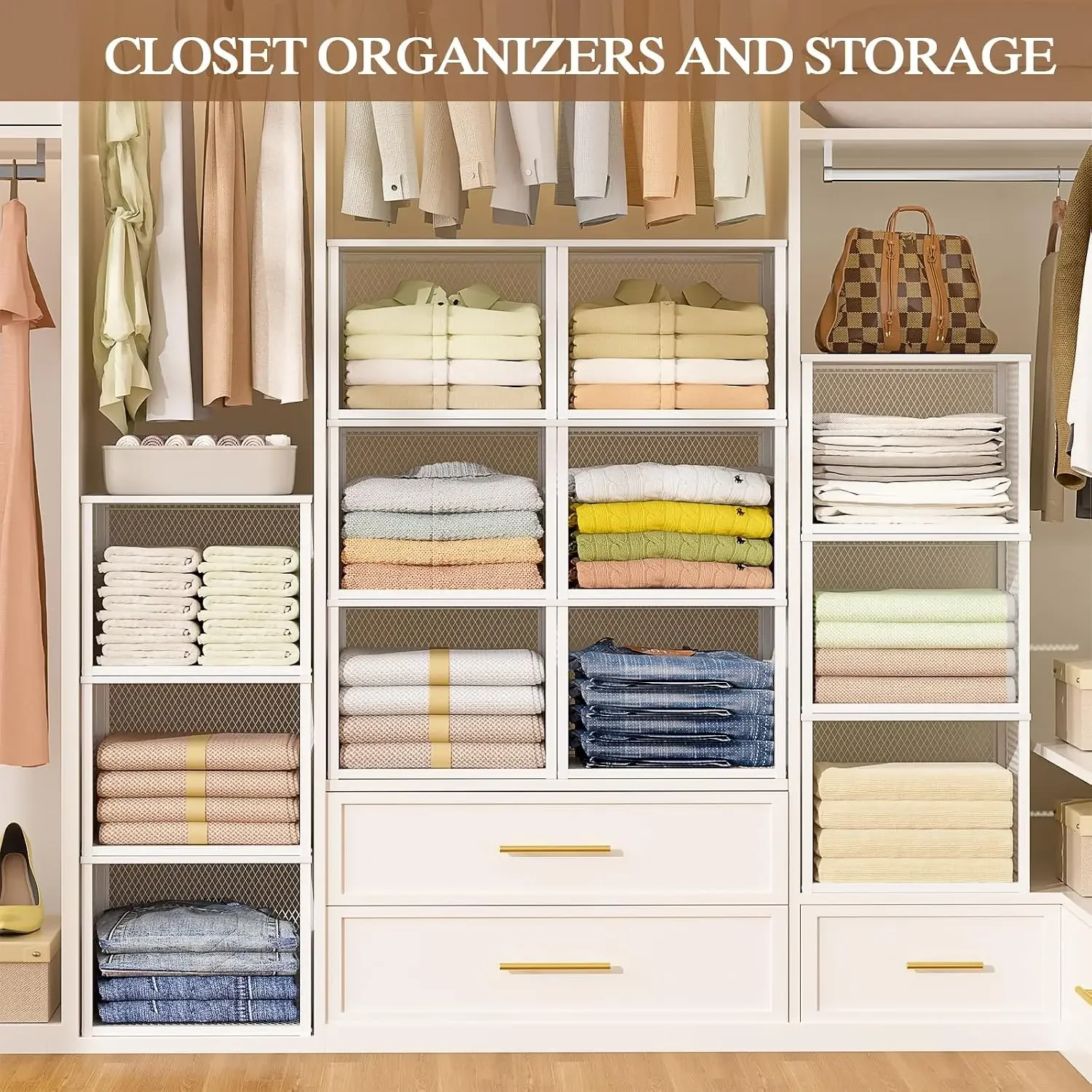3 Pack Stackable Closet Organizers and Storage Basket, Closet Shelves with Wood Top Extra Storage, Multifunctional Clothes Organ