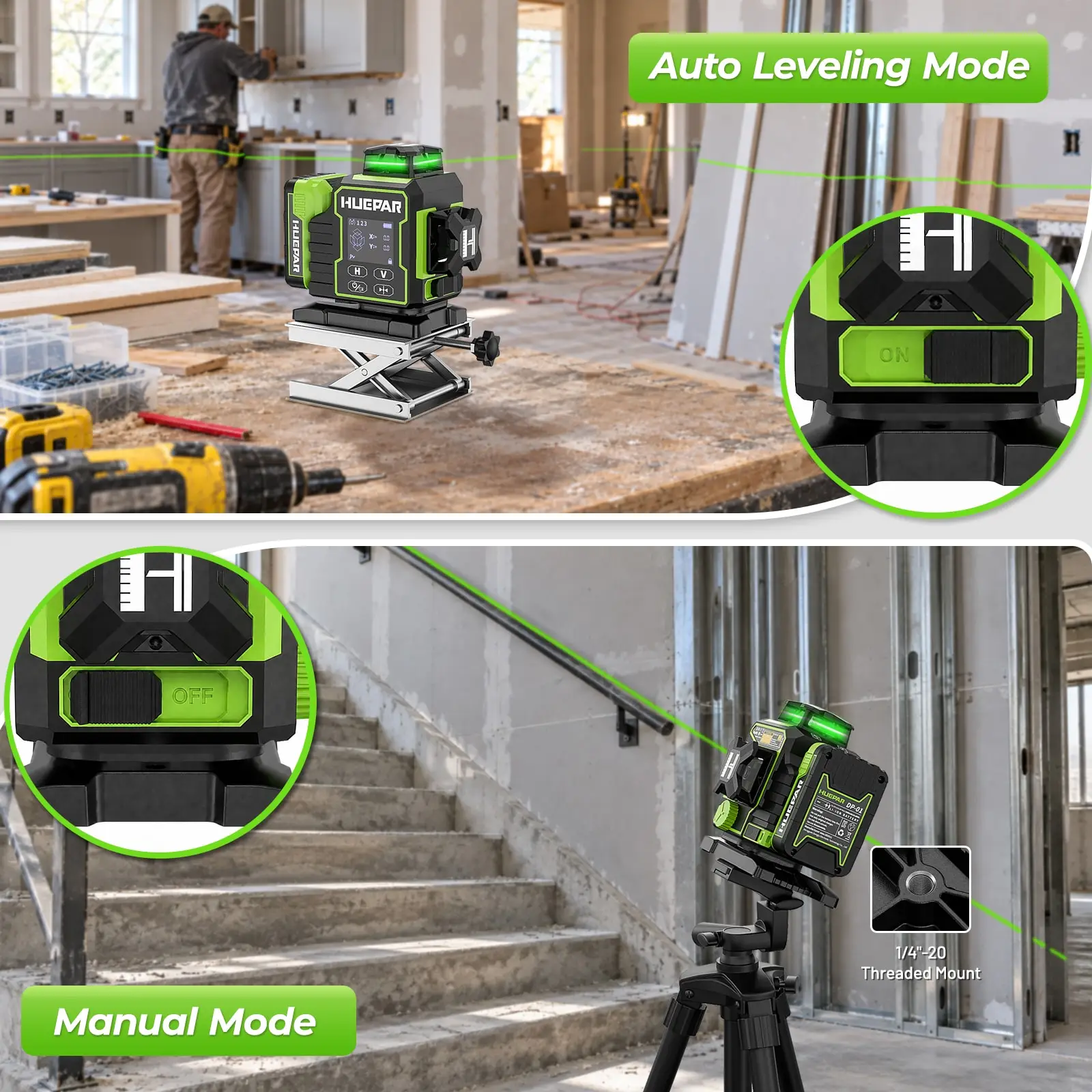 Huepar W03CG Laser Level Green Cross 3D 12 Lines Bluetooth Lazer Leveler With Electric Rotating Base & Large LCD Screen & Remote