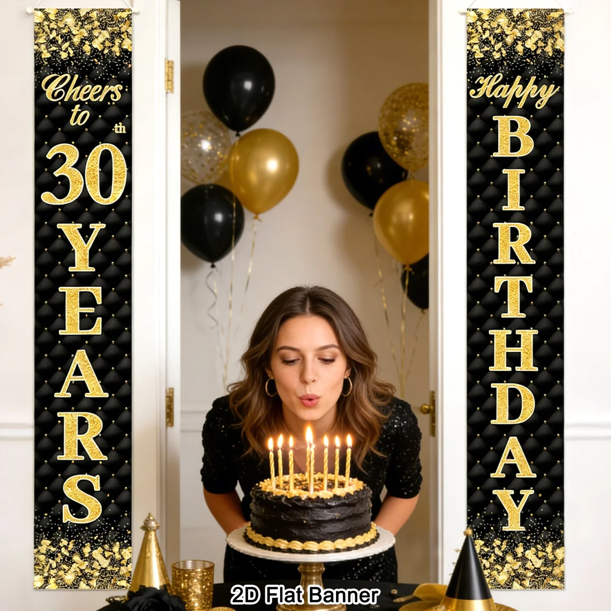 1 Paar 18./30./40./50./60. Geburtstag Türbanner Schwarz-Gold Glitzer-Design Polyester Türbanner für Erwachsene Geburtstagsfeier-Dekoration – Detail 7