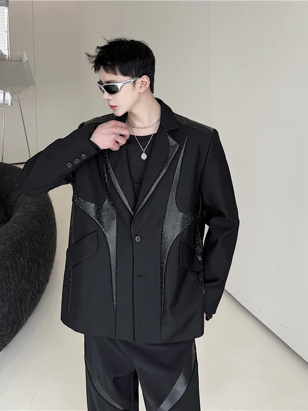 

Autumn Casual Leather Patch Design Men's Suit Jaet Loose Fit Anti-Wrinkle Polyester Long Sve Faion St Outerwear