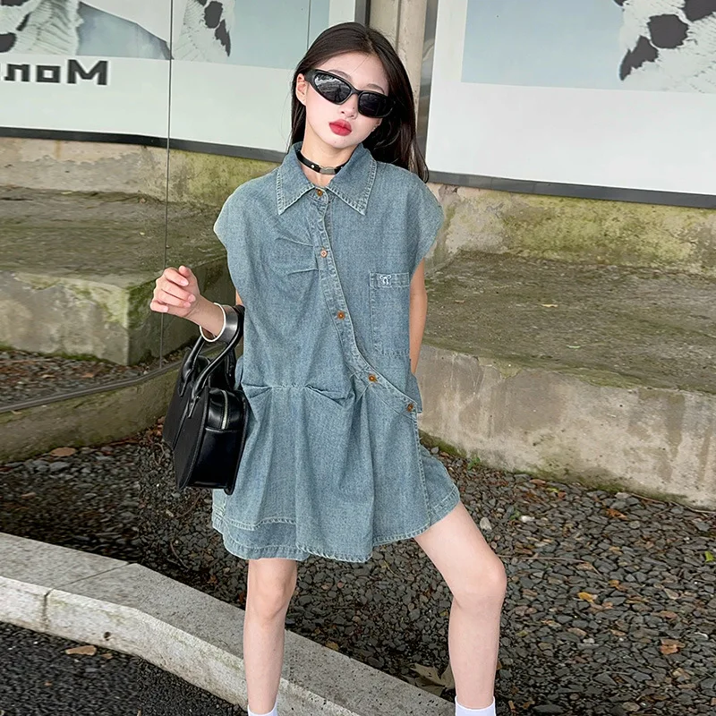 

Girls Summer Suit 2024 New Kid Chic Summer Retro Slim Denim Two-piece Set Kids Korean Simple Style Children Suits Clothes