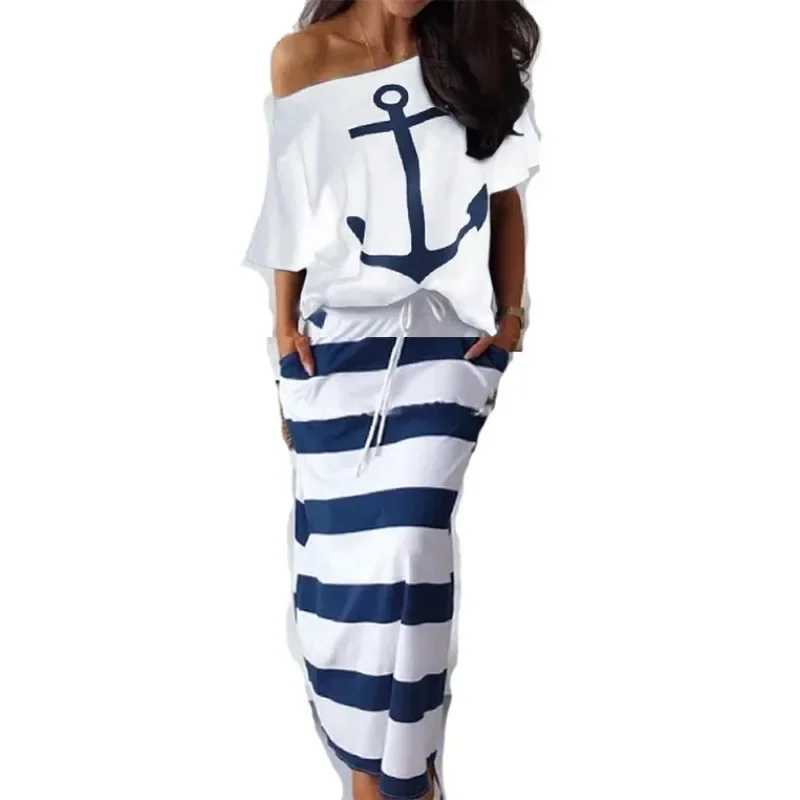 Women\'s Casual Anchor Print Short Sleeve T-shirt and Skirt Set, Navy Style, 2Pcs Set