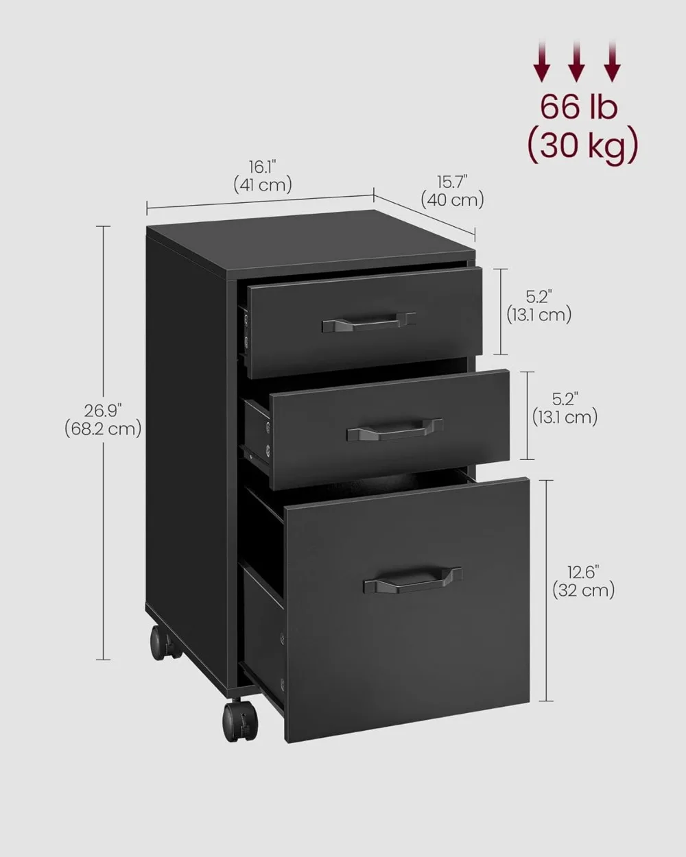 3-Drawer Rolling File Cabinet with Wheels, Lockable Casters for A4 Letter Documents, Home Office Storage Solution in Black