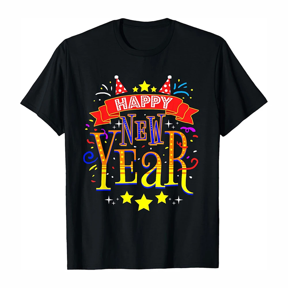 Happy New Year 2026 T-shirt Unisex Solid Black Short Sleeve Round Neck Leisure T Shirts Simple Daily Loose Fashion T Shirts