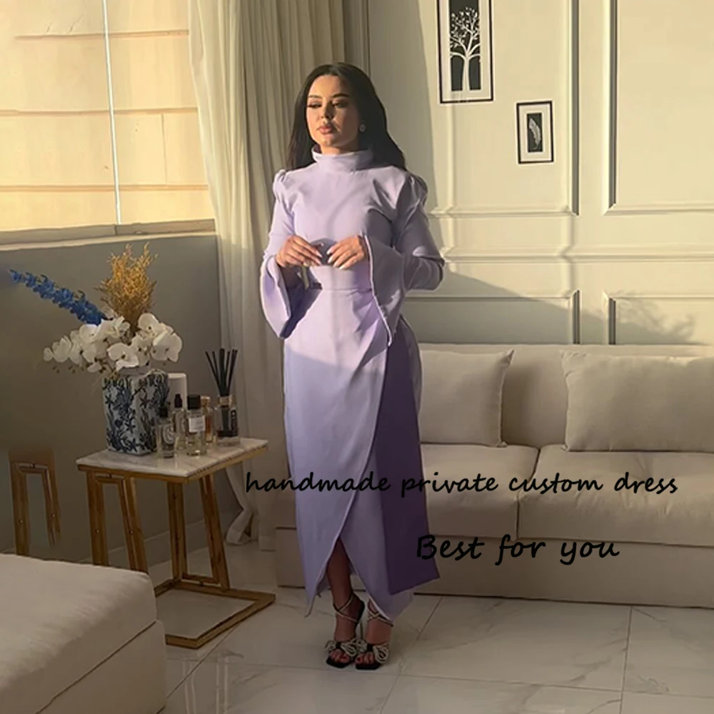 

Lavender Satin Mermaid Evening Dresses Long Sleeve High Neck Formal Prom Dress with Slit Floor Length Arabic Evening Party Gown