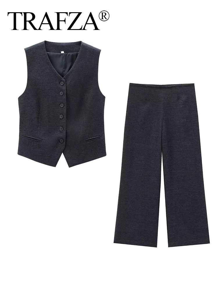 

TRAFZA Summer Women's New Suits V-Neck Sleeveless Single-breasted Waistcoat Tops+Imitation Denim Zipper Lantern Trousers Mujer