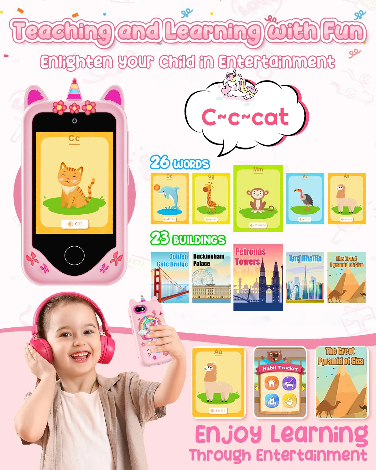 Kids phone Touchscreen operation, 48MP camera, supports 1080P HD video recording Equipped with a 64GB memory card and card reade