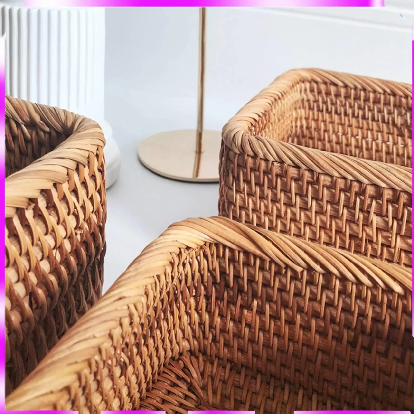 

N98R 2X Hand-Woven Rectangular Rattan Wicker Basket Fruit Tea Snack Bread Picnic Cosmetic Box Kitchen Household Tools-L
