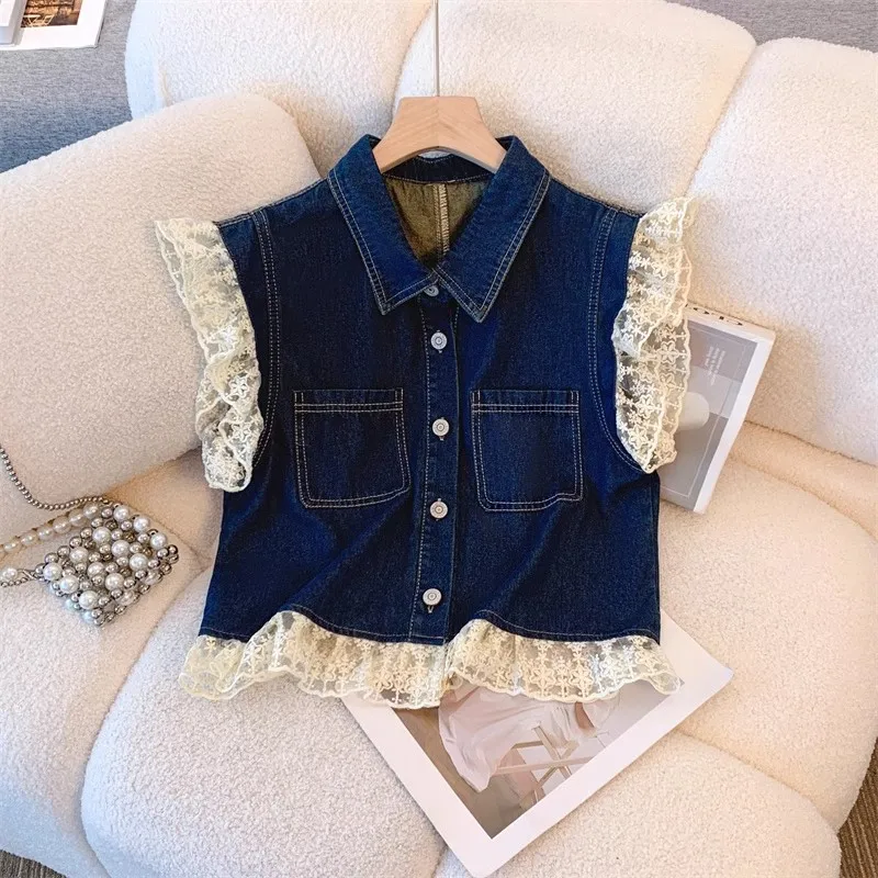 Summer French Sweet Denim Vest Women's 2024 New High Quality Lace Panel Pocket Loose Thin Sleeveless Top Trendy