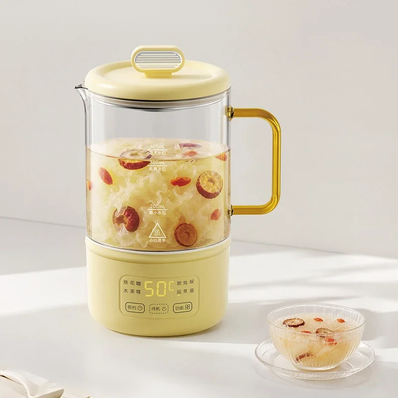 Hervidor eléctrico de 0,6 L, multifuncional, con temporizador, control de temperatura, ideal para preparar infusiones saludables, para la oficina, de vidrio, con diseño floral, función de mantenimiento automático de la temperatura.