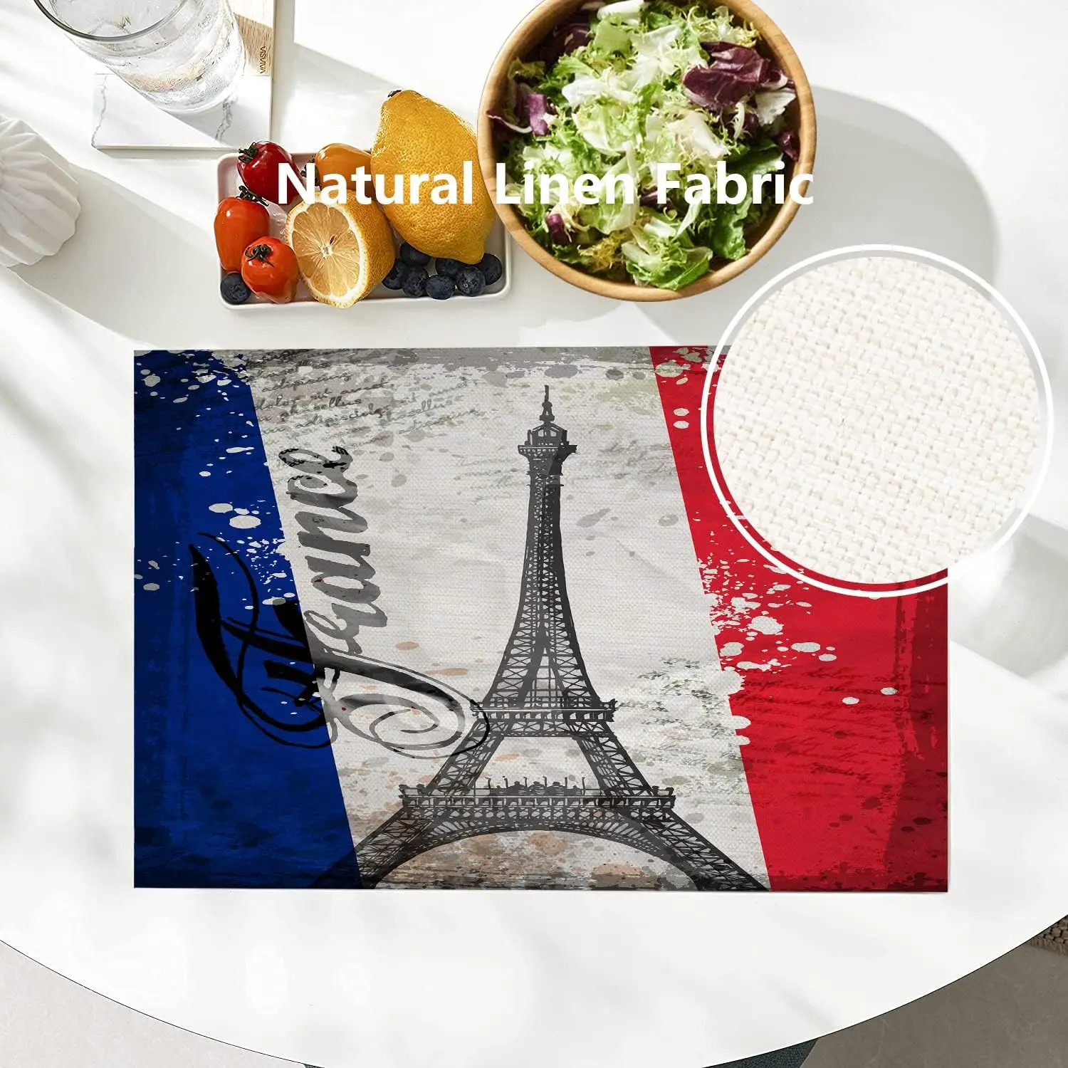 Eiffel Tower French Placemats Flag Architecture Culture Red Washable Linen Table Mats for Kitchen Table Double 4pc Decor