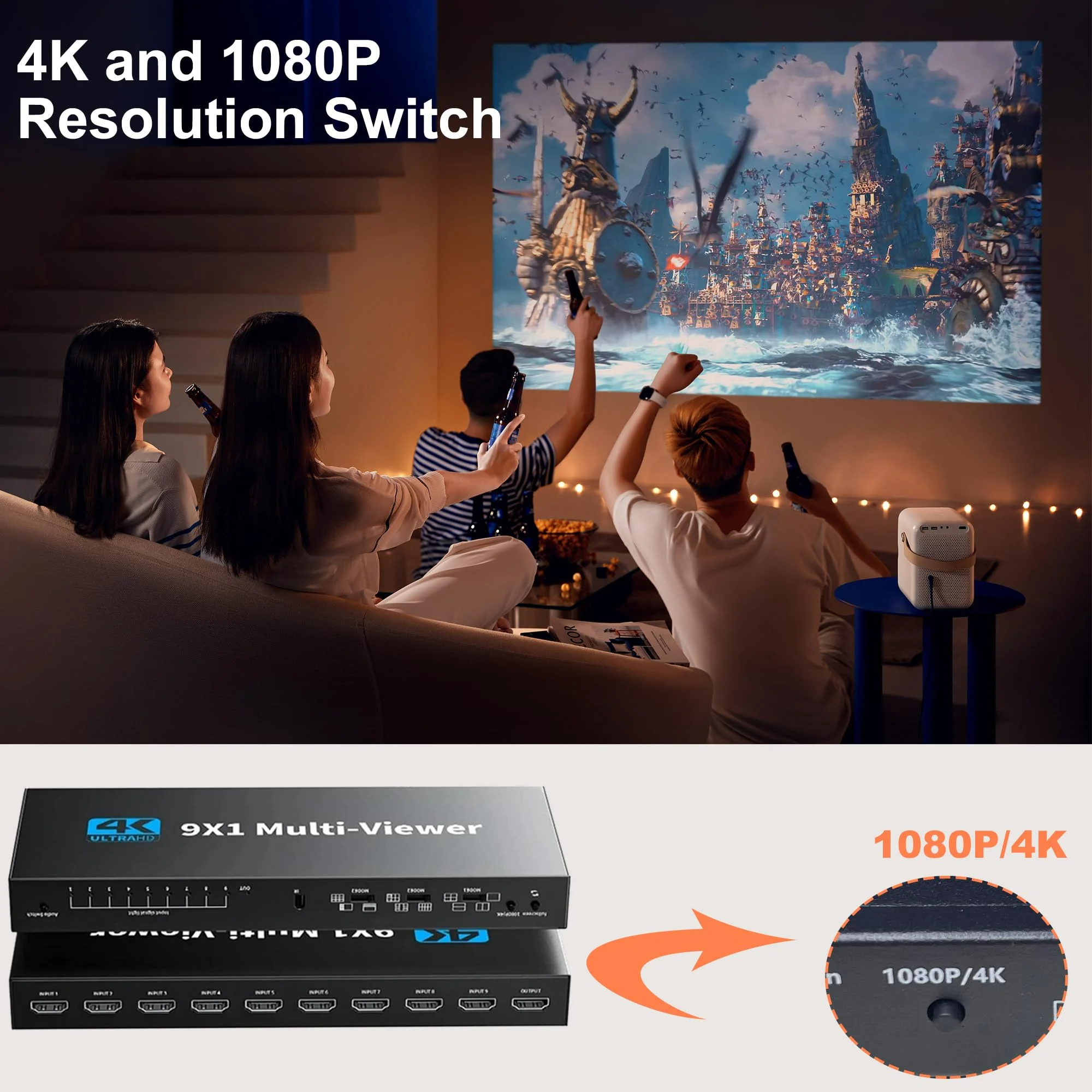 SYONG 4K HDMI Multi-Viewer 9X1, 9 In 1 Out HDMI Switcher With Remote, HDMI 9X1 Multi Viewer Switch For CCTV Monitor