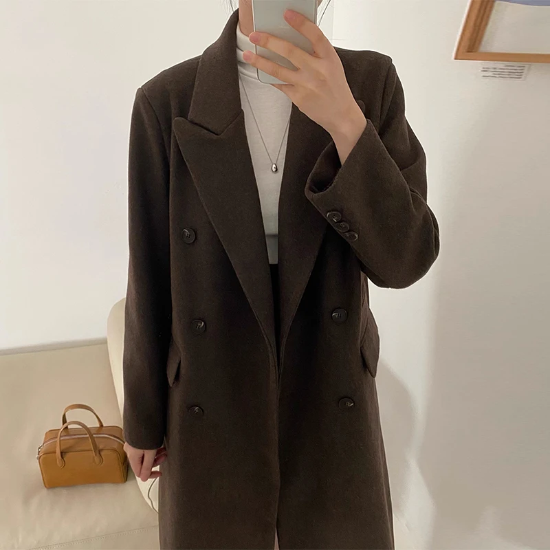 Ele Long manteau en laine femmes coupe ample Double boutonnage col de costume automne hiver Faion vêtements d'extérieur coréen Sle trajet