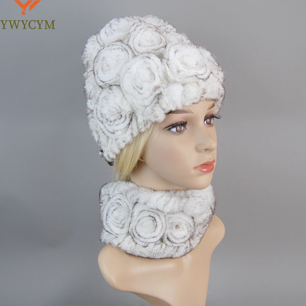 Women Winter Hats Set Elastic Real Rabbit Fur Beanies Hat Scarf Set Warm Ladies Thicken Rose Flower Hat Soft Windproof Elegant