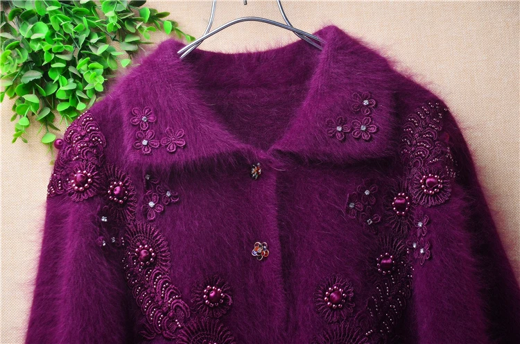 Ladies Women Fall Winter Vintage Embroidery Beading Hairy Angora Rabbit Hair Knitted Long Batwing Sleeve Loose Pullover Sweater