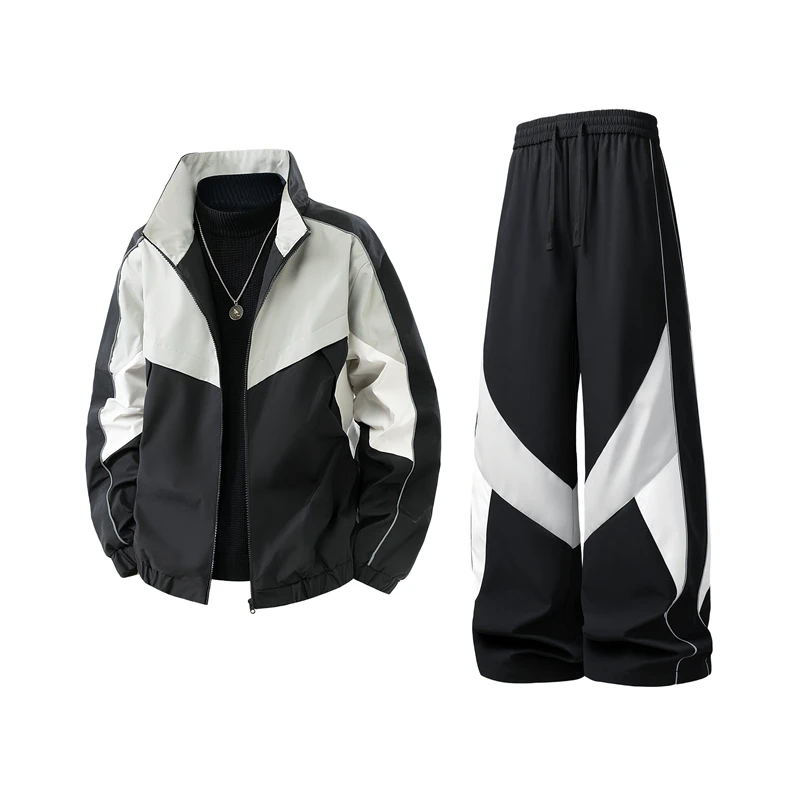 2026 Spring and Autumn New Men's Color-block Jacket Set, Stand-up Collar, Fashionable, Trendy, Casual Jacket and Pants Two-piece