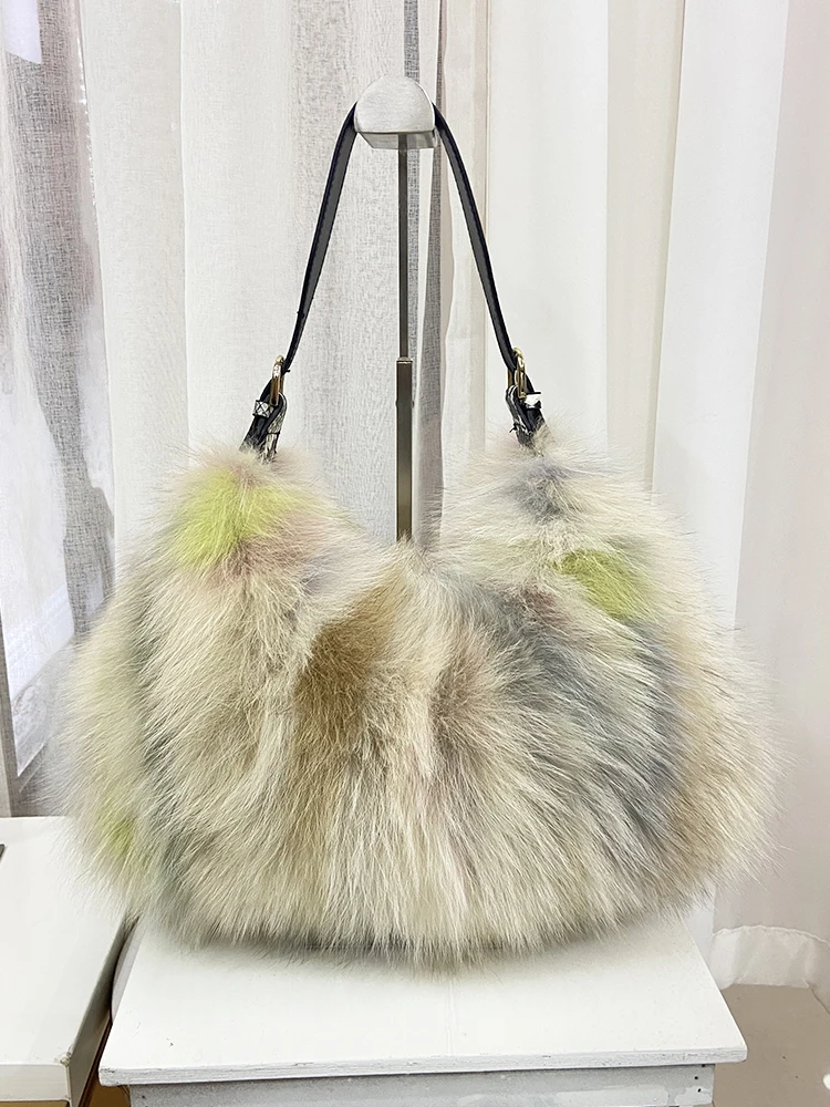 Sac à Main en Fourrure de Renard Naturelle pour Femme, Accessoire à la Mode