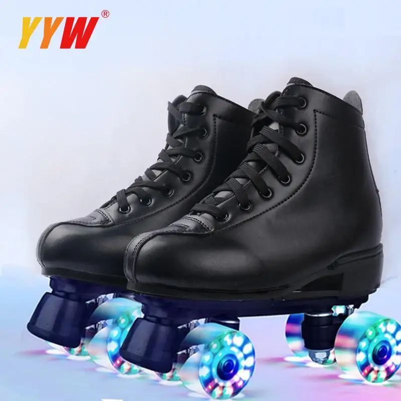 Roller Skates Shoes Quad wheels Skating Outdoor Sliding Sport Sneaker Leather Footwear Gift Adult Unisex Double Row Roller Shoes