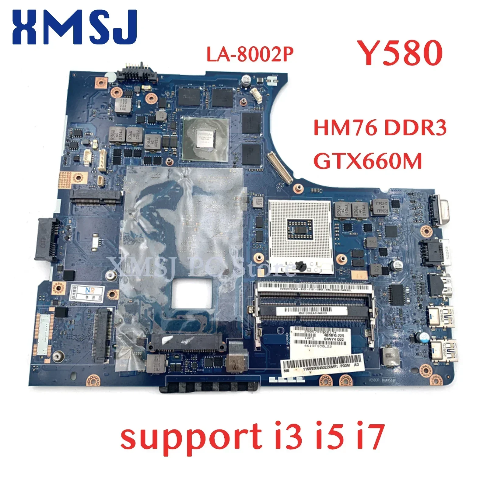 

XMSJ For Lenovo Ideapad Y580 Laptop Motherboard LA-8002P HM76 Ddr3 GTX660M Video Card Support I3 I5 I7 Main Board Full Test