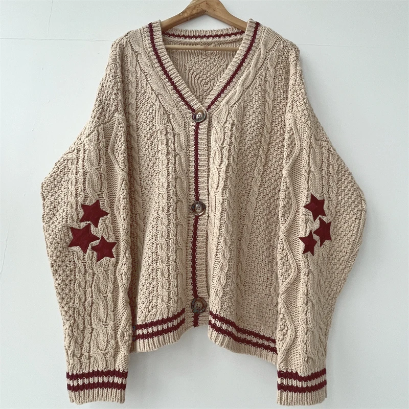 Cárdigan Beige cálido de punto Vintage para mujer, suéter de estrella Y2k, ajuste suelto, mangas largas, prendas de punto para vacaciones, Otoño e