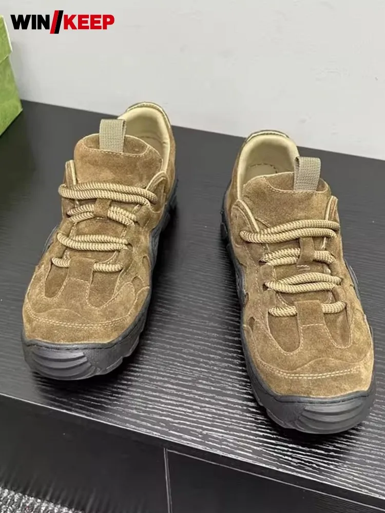 

Осенние новые мужские уличные походные туфли на толстой платформе, противоскользящая походная обувь, мужские спортивные кроссовки из натуральной коровьей замши, кроссовки