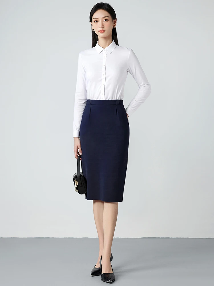 Deep Blue Midi Skirt Women's Business Style Elastic Waist Skirt Spring Summer Autumn Professional Straight Cut Skirt