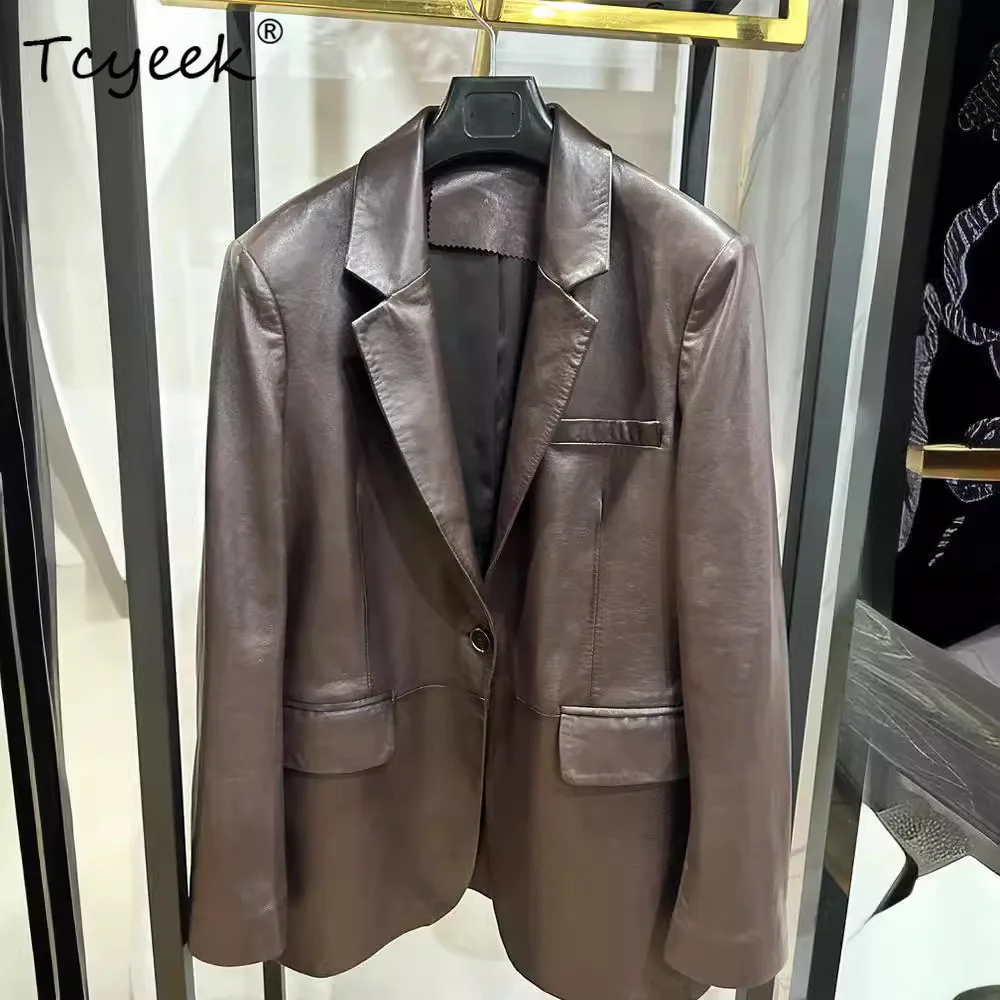 Tcyeek peau De mouton printemps automne Vintage costume col couleur unie femmes en cuir véritable veste Jaqueta De Couro légítimo Feminina