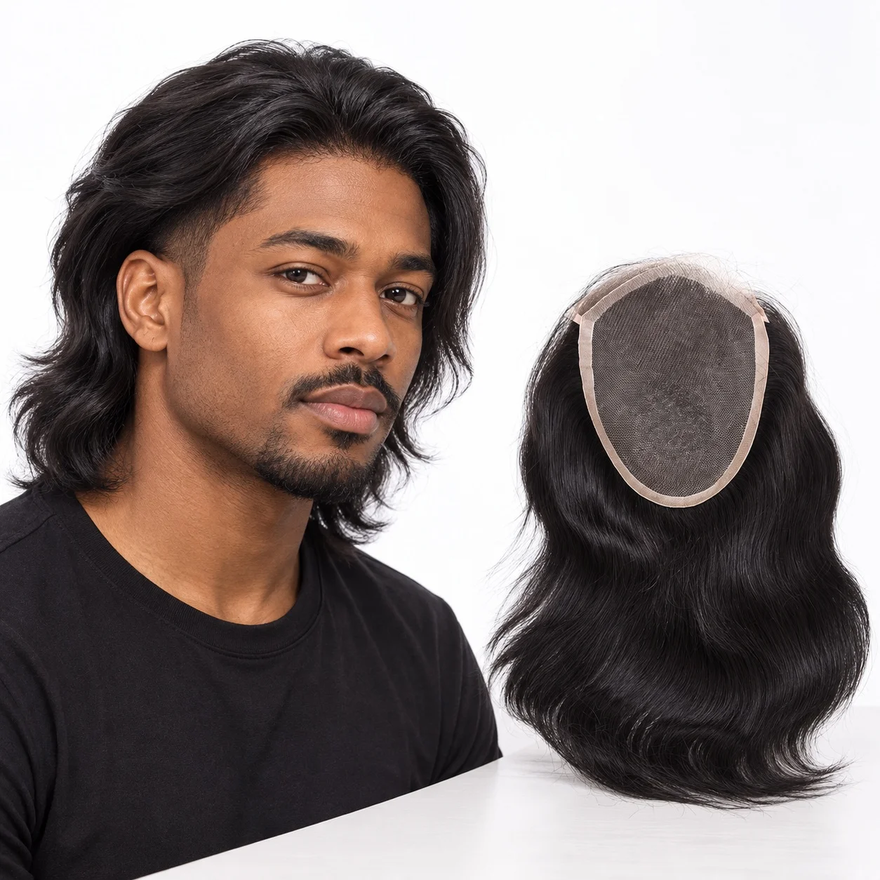 Men's 10-Inch Loose Wave European Human Hair Toupee 5x7 Lace-to-Part PU Topper 40mm Wave 130% Density Black/Brown Options